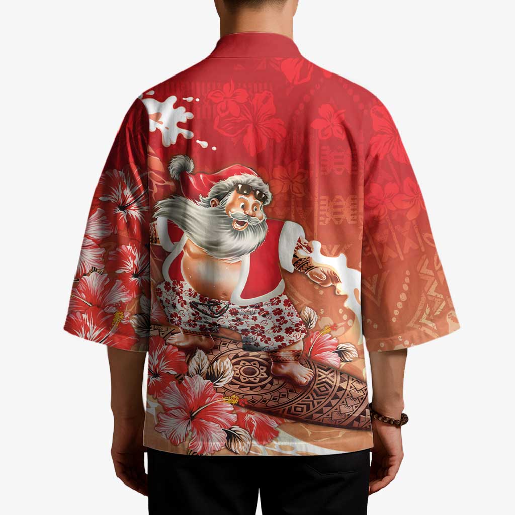 Hawaii Funny Christmas Kimono Santa Surfing With Tapa Pattern - Polynesian Pride