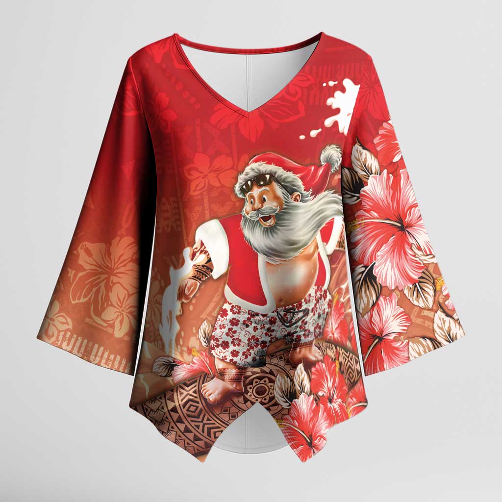 Hawaii Funny Christmas Kimono Sleeve Blouse Santa Surfing With Tapa Pattern - Polynesian Pride