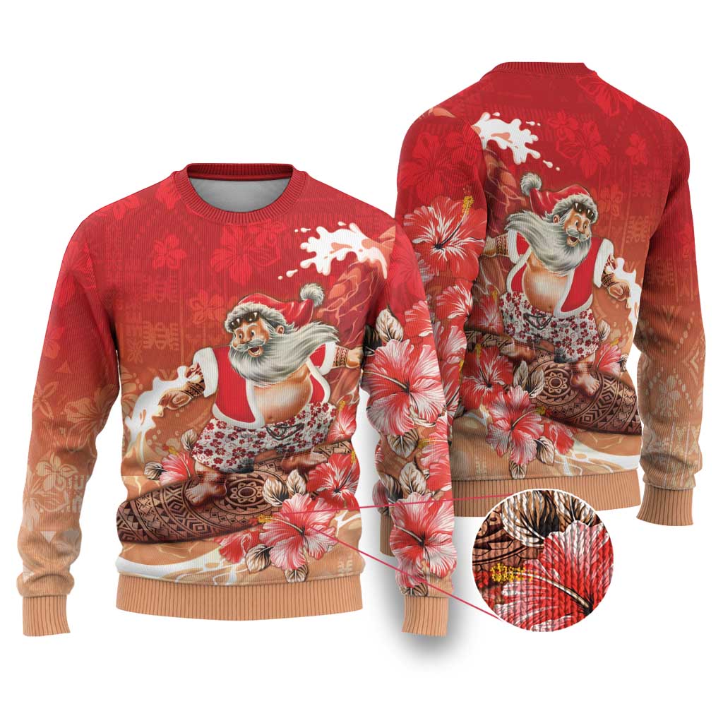 Hawaii Funny Christmas Ugly Christmas Sweater Santa Surfing With Tapa Pattern - Polynesian Pride