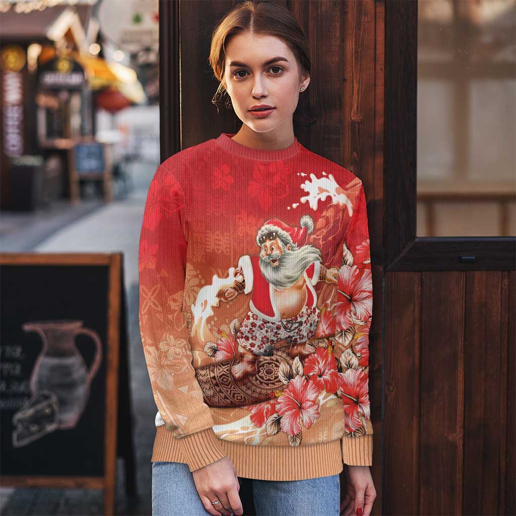 Hawaii Funny Christmas Ugly Christmas Sweater Santa Surfing With Tapa Pattern - Polynesian Pride