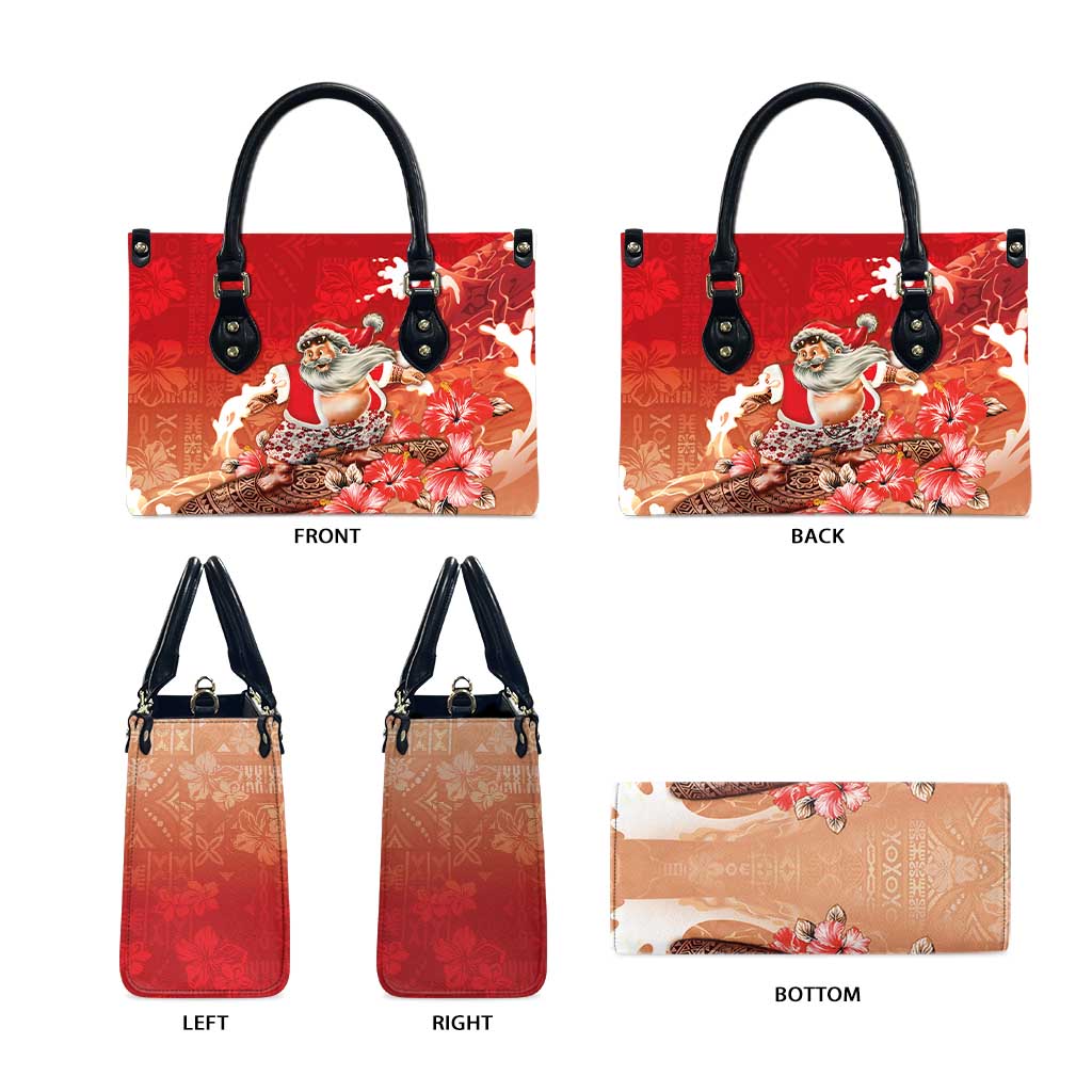Hawaii Funny Christmas Leather Bag Santa Surfing With Tapa Pattern - Polynesian Pride
