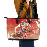 Hawaii Funny Christmas Leather Tote Bag Santa Surfing With Tapa Pattern - Polynesian Pride