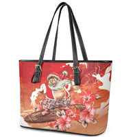 Hawaii Funny Christmas Leather Tote Bag Santa Surfing With Tapa Pattern - Polynesian Pride