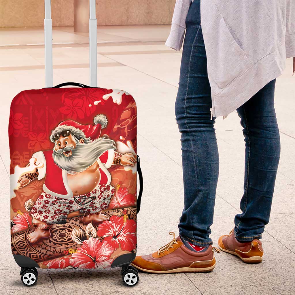Hawaii Funny Christmas Luggage Cover Santa Surfing With Tapa Pattern - Polynesian Pride