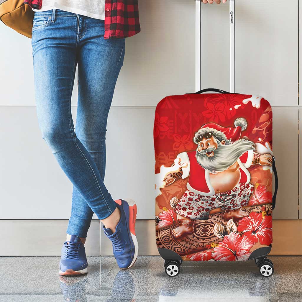 Hawaii Funny Christmas Luggage Cover Santa Surfing With Tapa Pattern - Polynesian Pride