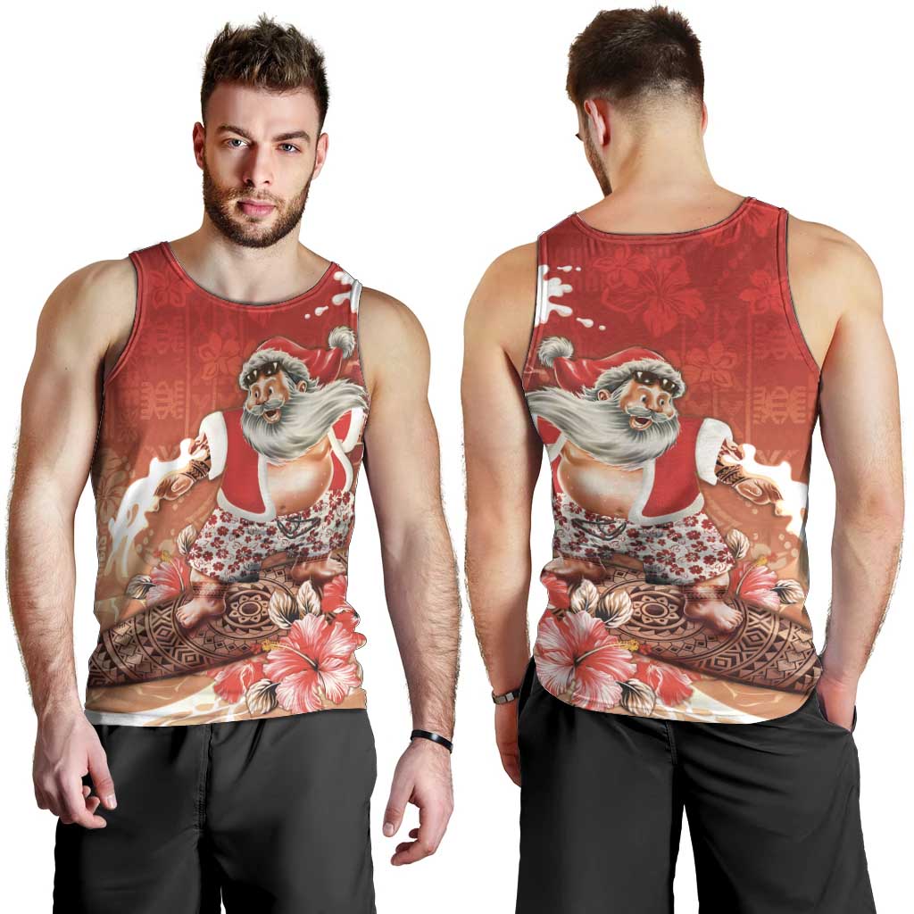Hawaii Funny Christmas Men Tank Top Santa Surfing With Tapa Pattern - Polynesian Pride