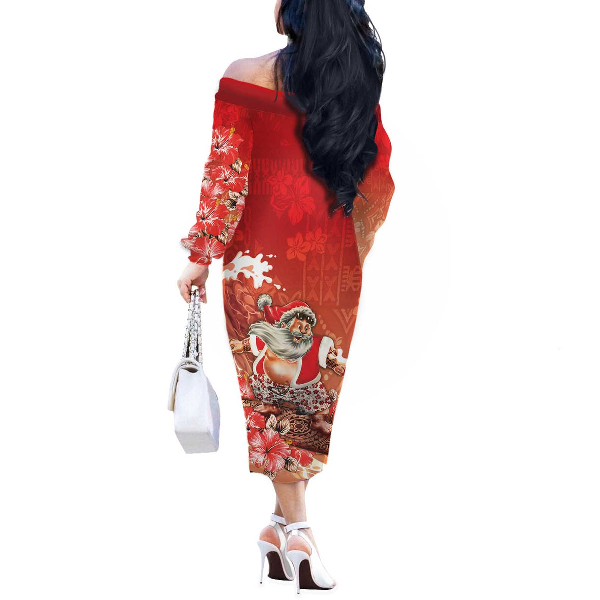 Hawaii Funny Christmas Off The Shoulder Long Sleeve Dress Santa Surfing With Tapa Pattern - Polynesian Pride
