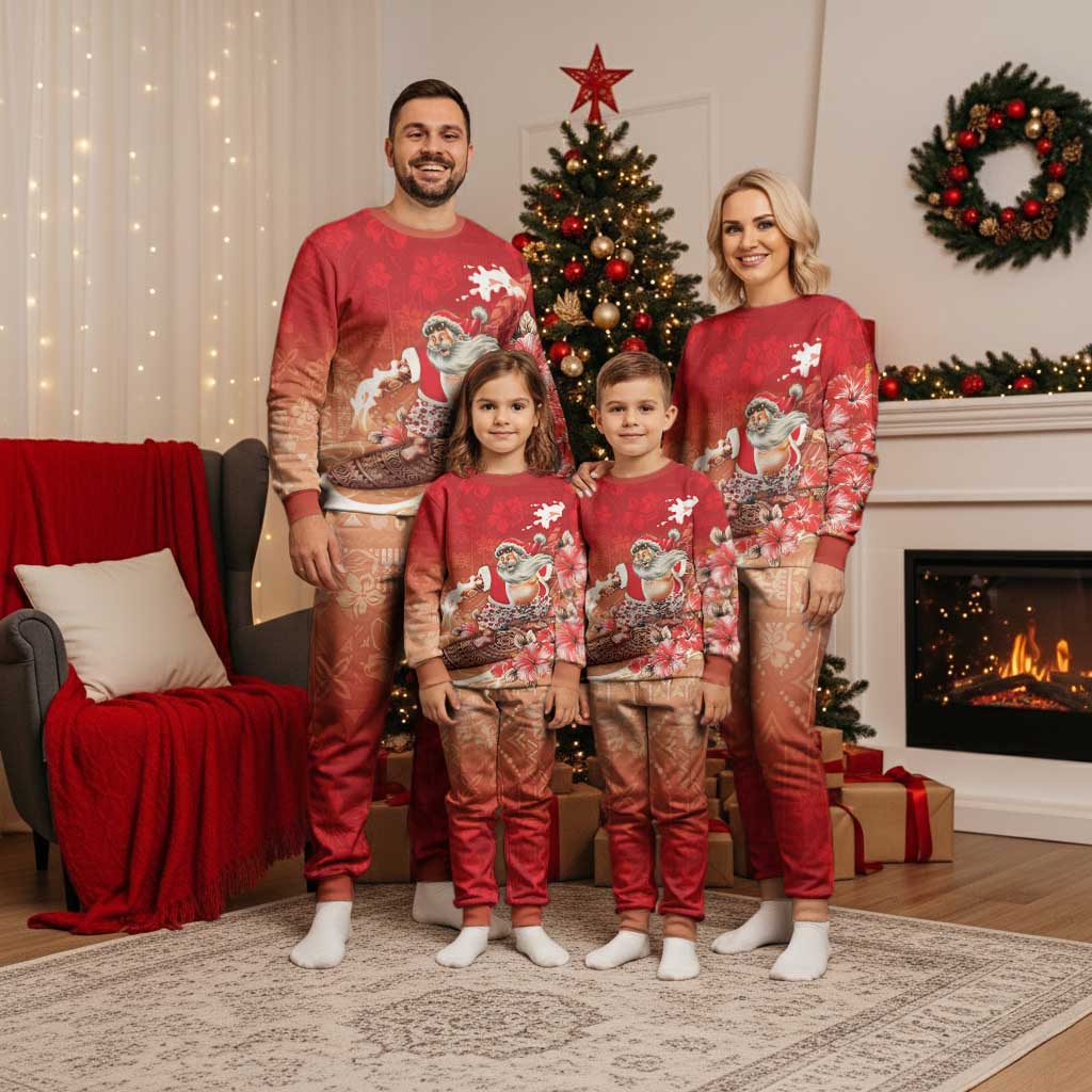 Hawaii Funny Christmas Pajama Set Santa Surfing With Tapa Pattern - Polynesian Pride