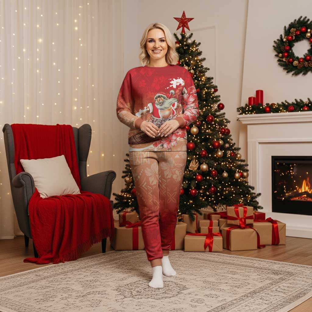 Hawaii Funny Christmas Pajama Set Santa Surfing With Tapa Pattern - Polynesian Pride