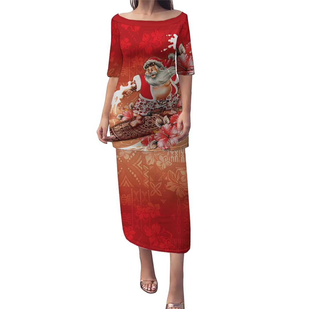 Hawaii Funny Christmas Puletasi Santa Surfing With Tapa Pattern - Polynesian Pride