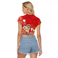 Hawaii Funny Christmas Raglan Cropped T Shirt Santa Surfing With Tapa Pattern - Polynesian Pride