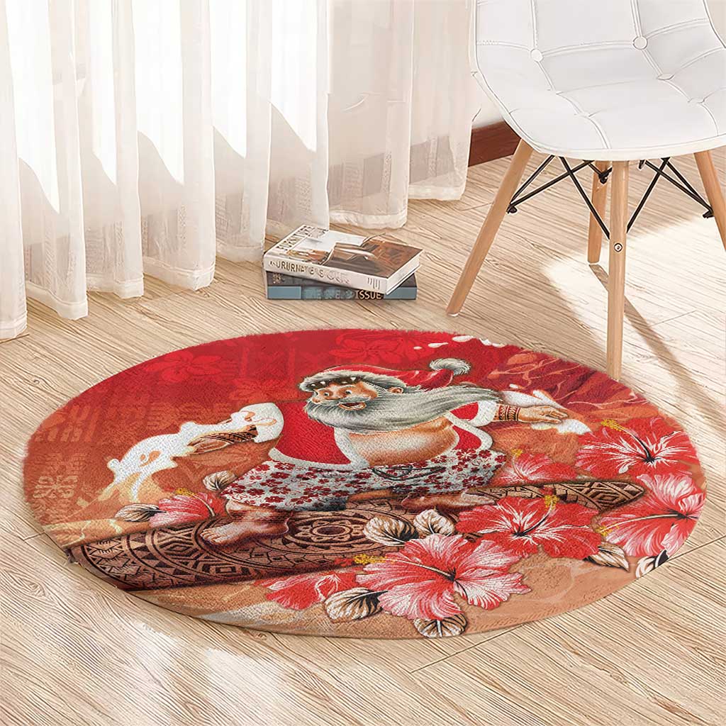 Hawaii Funny Christmas Round Carpet Santa Surfing With Tapa Pattern - Polynesian Pride