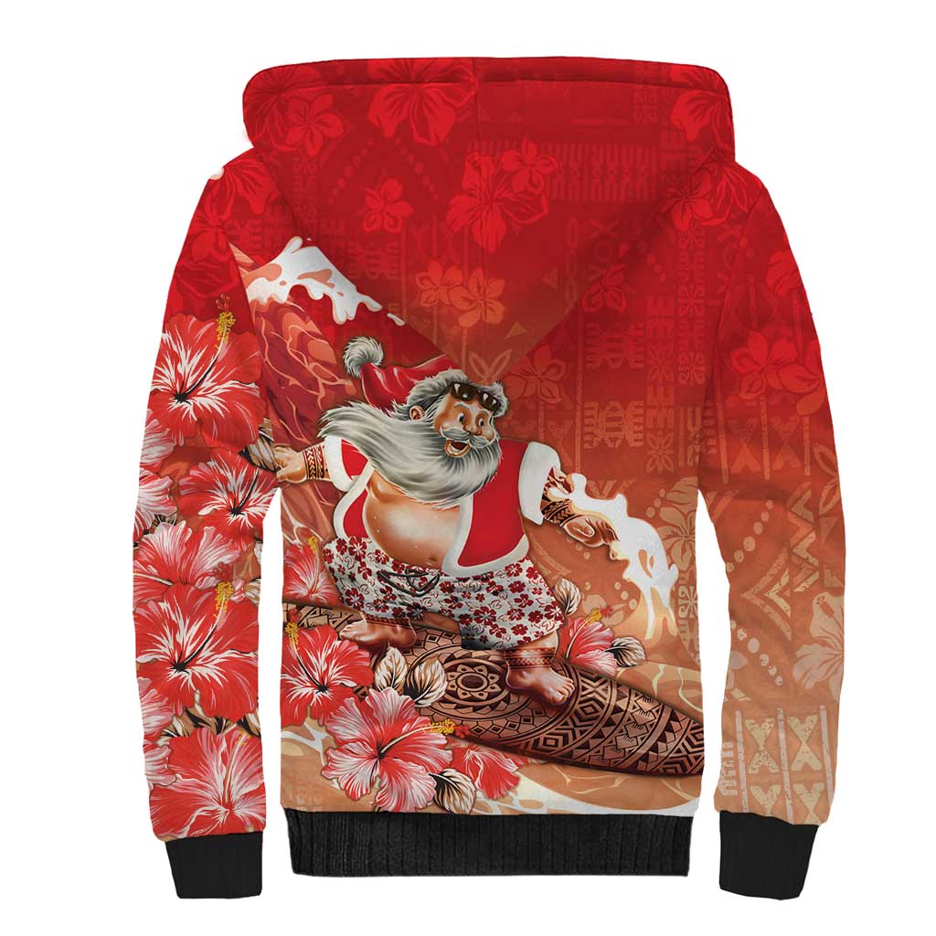 Hawaii Funny Christmas Sherpa Hoodie Santa Surfing With Tapa Pattern - Polynesian Pride