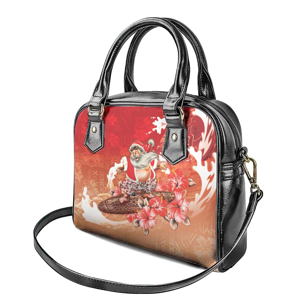 Hawaii Funny Christmas Shoulder Handbag Santa Surfing With Tapa Pattern - Polynesian Pride
