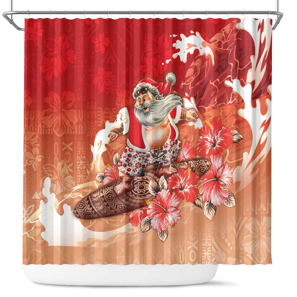 Hawaii Funny Christmas Shower Curtain Santa Surfing With Tapa Pattern - Polynesian Pride