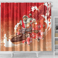 Hawaii Funny Christmas Shower Curtain Santa Surfing With Tapa Pattern - Polynesian Pride