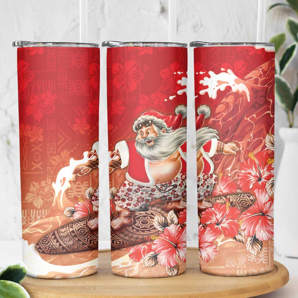 Hawaii Funny Christmas Skinny Tumbler Santa Surfing With Tapa Pattern - Polynesian Pride