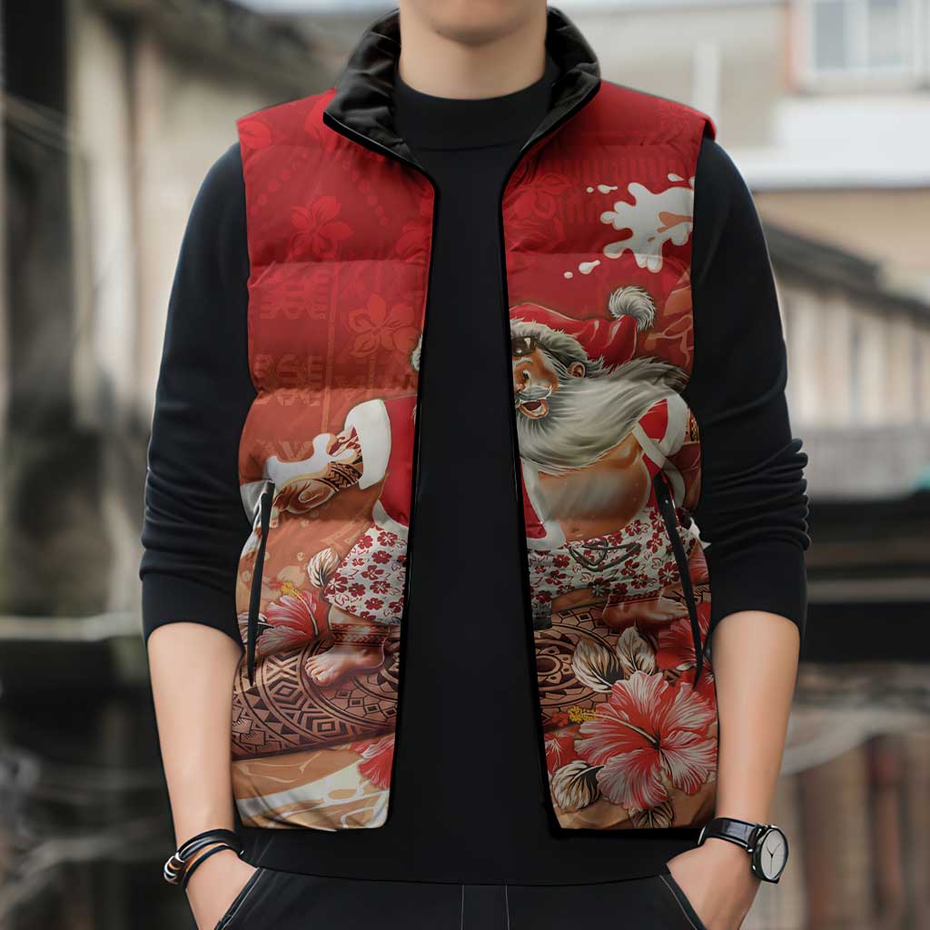 Hawaii Funny Christmas Sleeveless Puffer Jacket Santa Surfing With Tapa Pattern - Polynesian Pride