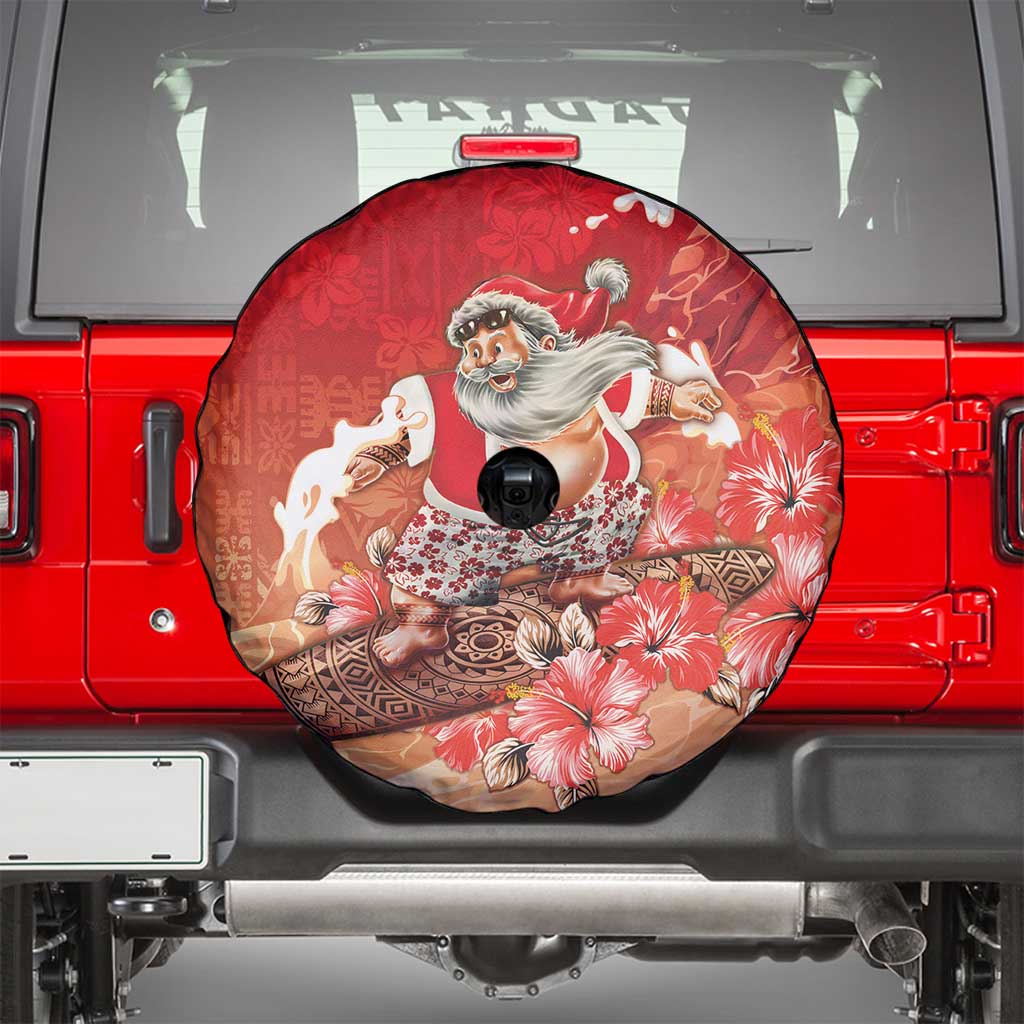 Hawaii Funny Christmas Spare Tire Cover Santa Surfing With Tapa Pattern - Polynesian Pride