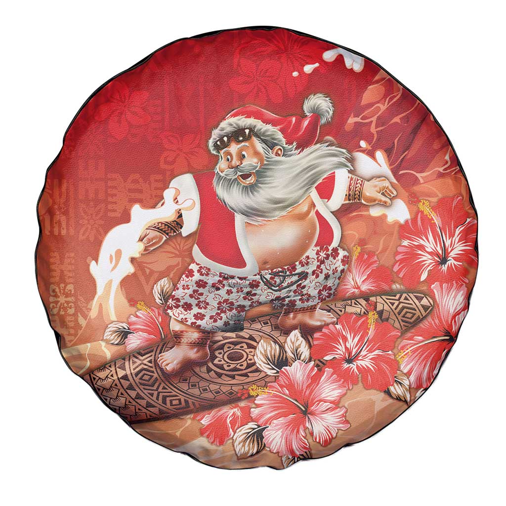 Hawaii Funny Christmas Spare Tire Cover Santa Surfing With Tapa Pattern - Polynesian Pride
