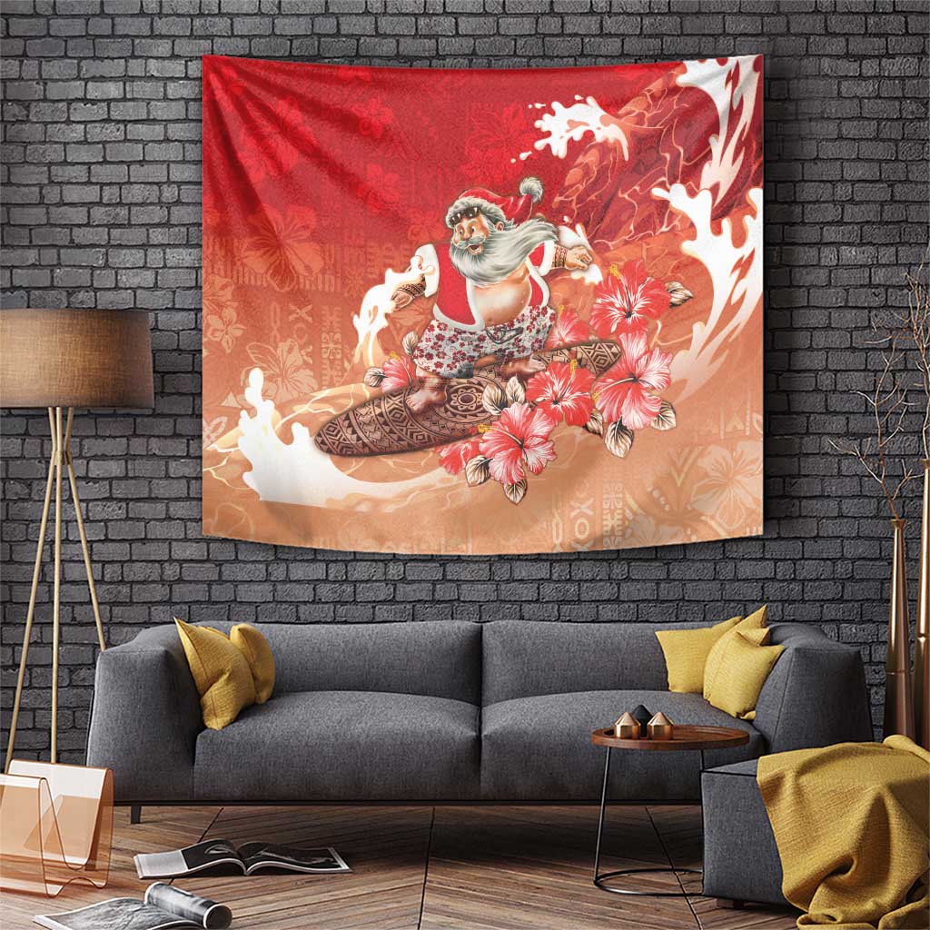 Hawaii Funny Christmas Tapestry Santa Surfing With Tapa Pattern - Polynesian Pride