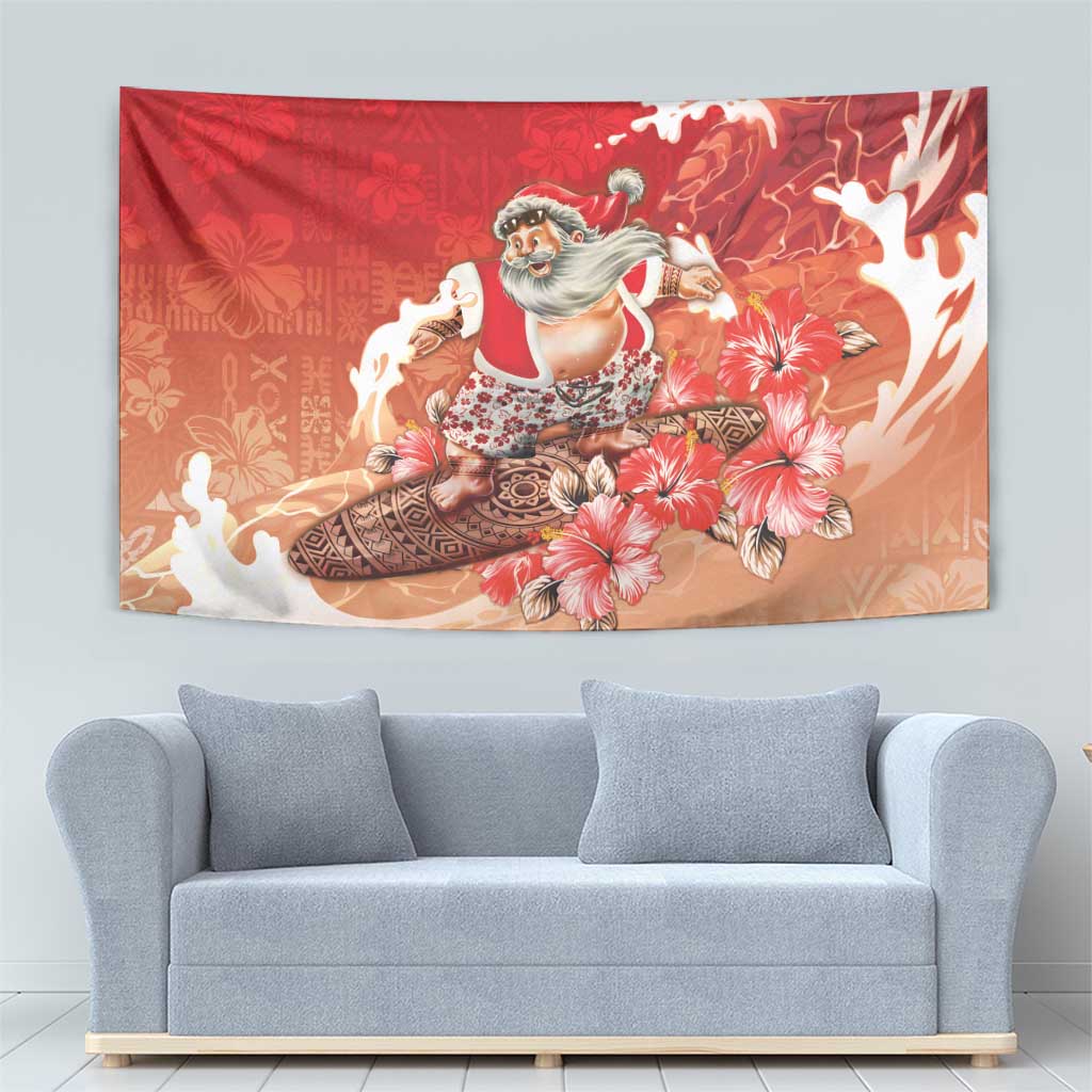 Hawaii Funny Christmas Tapestry Santa Surfing With Tapa Pattern - Polynesian Pride