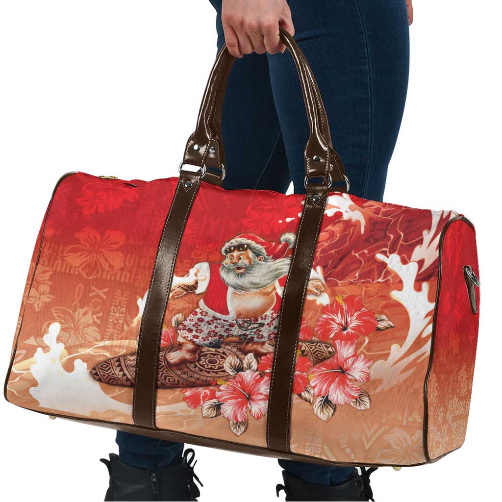 Hawaii Funny Christmas Travel Bag Santa Surfing With Tapa Pattern - Polynesian Pride