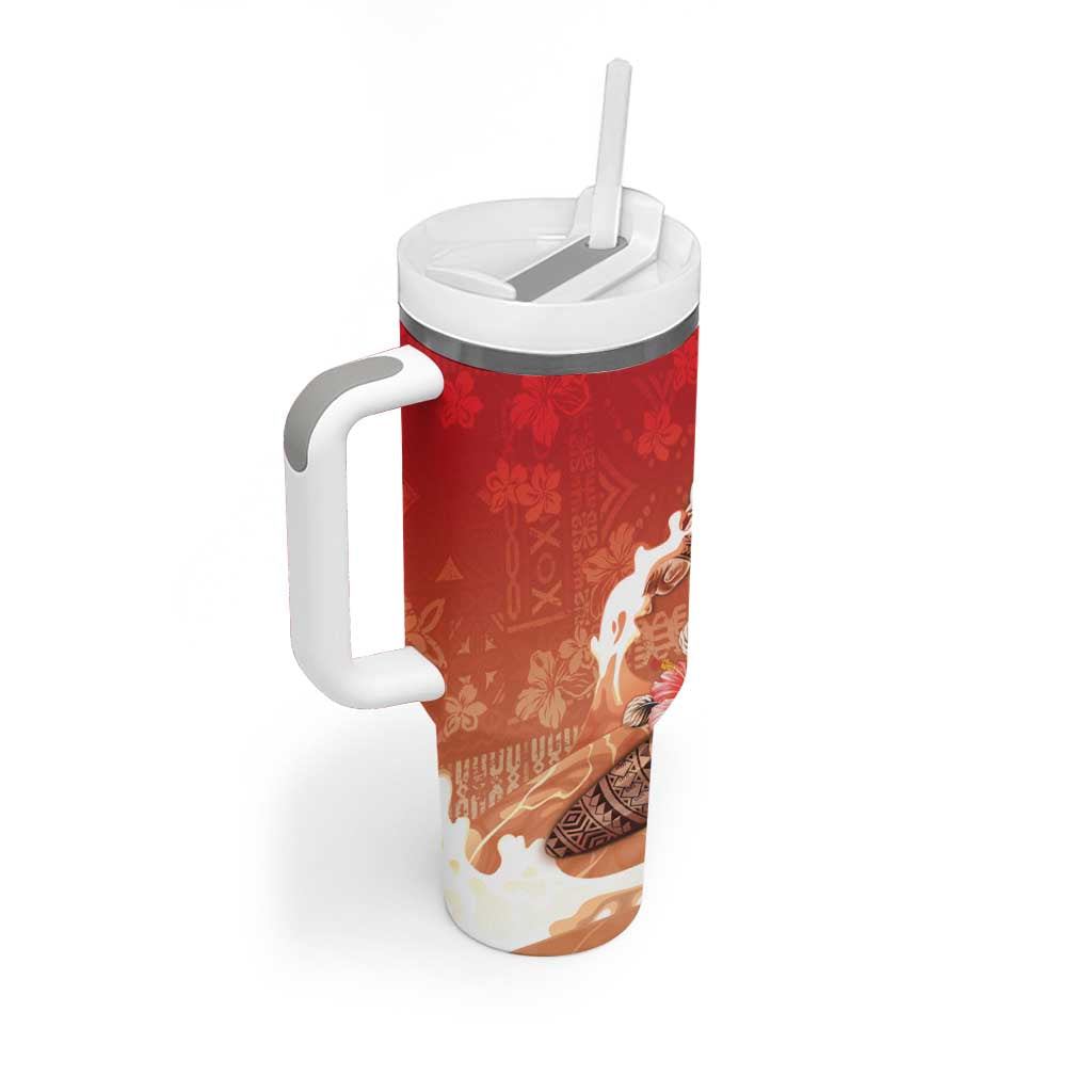 Hawaii Funny Christmas Tumbler With Handle Santa Surfing With Tapa Pattern - Polynesian Pride