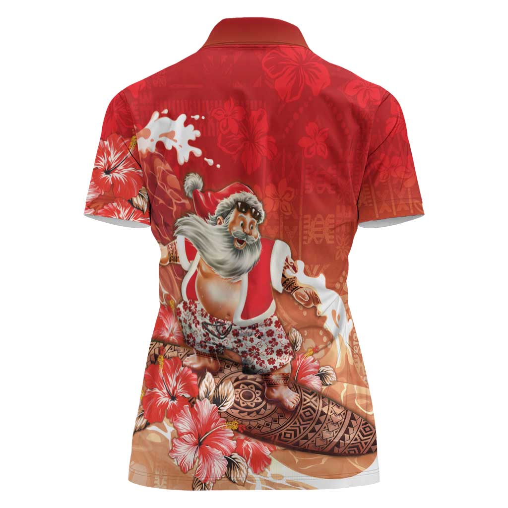 Hawaii Funny Christmas Women Polo Shirt Santa Surfing With Tapa Pattern - Polynesian Pride
