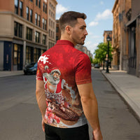 Hawaii Funny Christmas Zipper Polo Shirt Santa Surfing With Tapa Pattern - Polynesian Pride