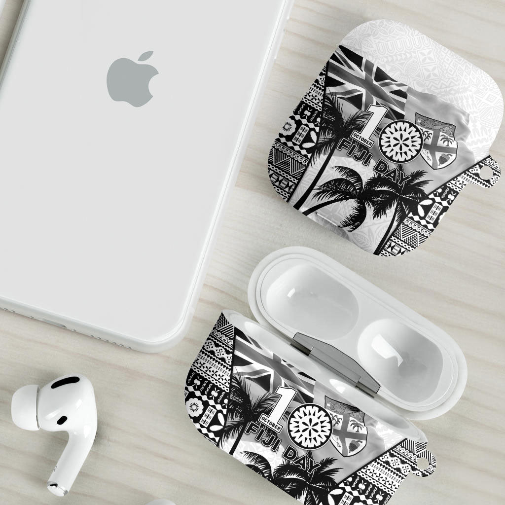Fiji Day 2026 AirPods Case Masi Tapa Pattern With Palm Tree White Version LT05 - Polynesian Pride