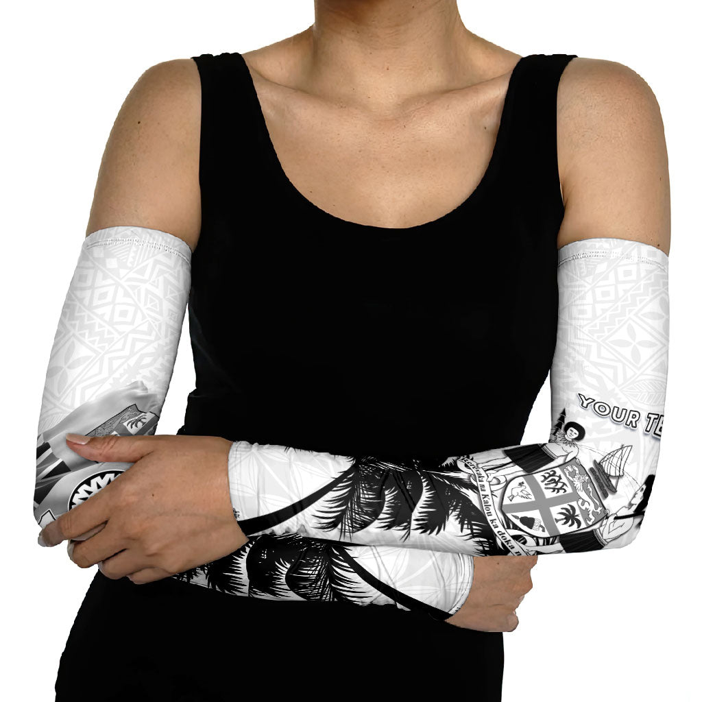 Personalised Fiji Day 2026 Arm Sleeves Masi Tapa Pattern With Palm Tree White Version LT05 - Polynesian Pride