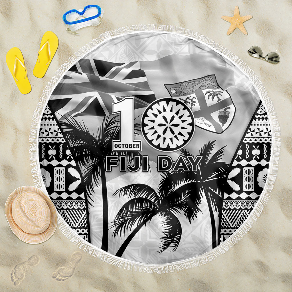 Fiji Day 2026 Beach Blanket Masi Tapa Pattern With Palm Tree White Version
