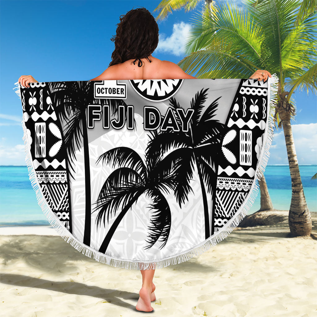 Fiji Day 2026 Beach Blanket Masi Tapa Pattern With Palm Tree White Version