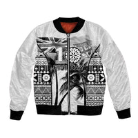 Personalised Fiji Day 2026 Bomber Jacket Masi Tapa Pattern With Palm Tree White Version LT05 Unisex White - Polynesian Pride