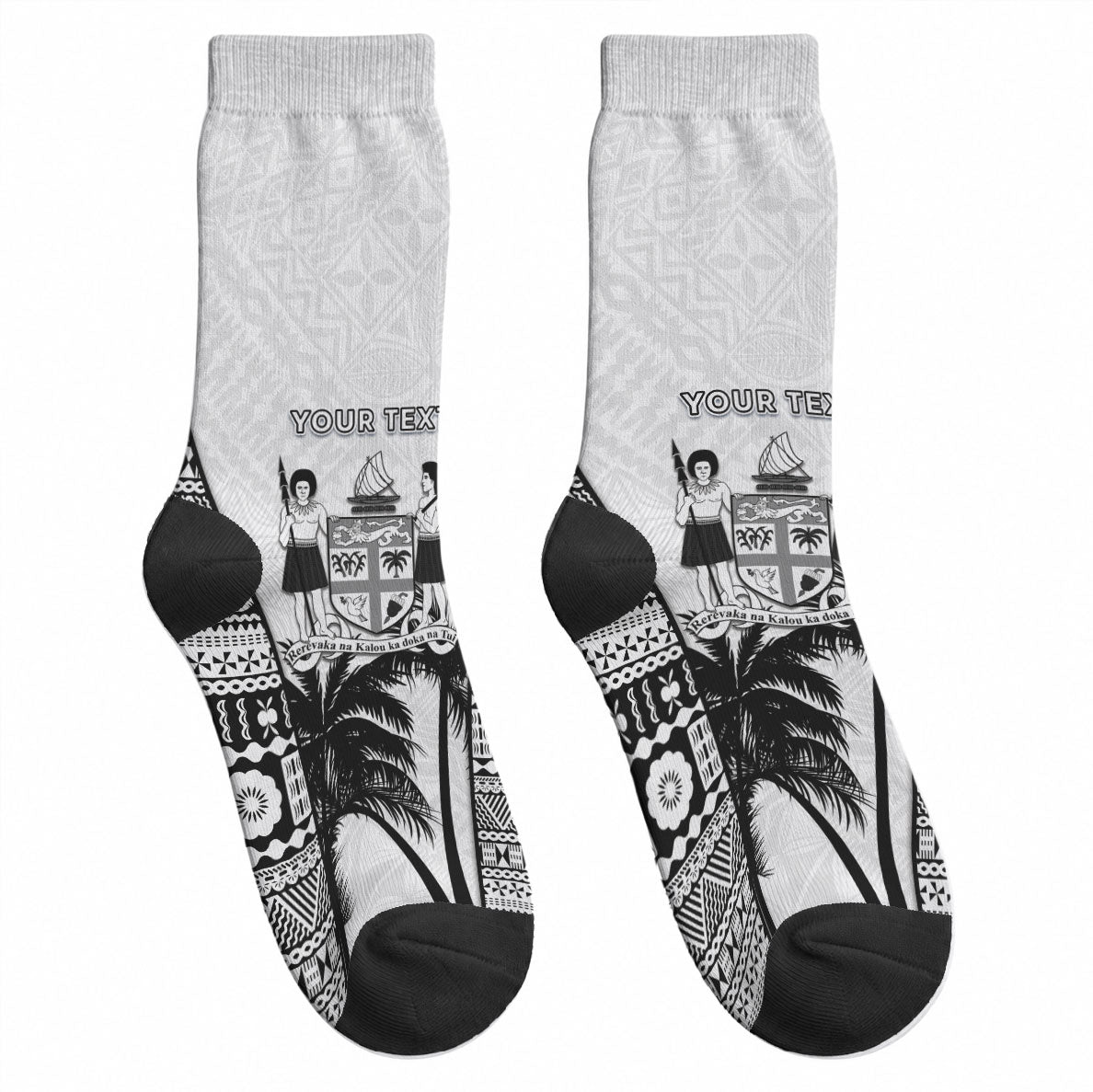 Personalised Fiji Day 2026 Crew Socks Masi Tapa Pattern With Palm Tree White Version LT05 - Polynesian Pride