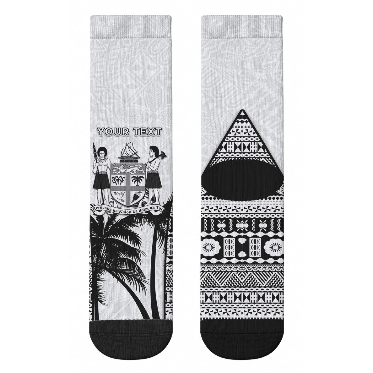 Personalised Fiji Day 2026 Crew Socks Masi Tapa Pattern With Palm Tree White Version LT05 - Polynesian Pride