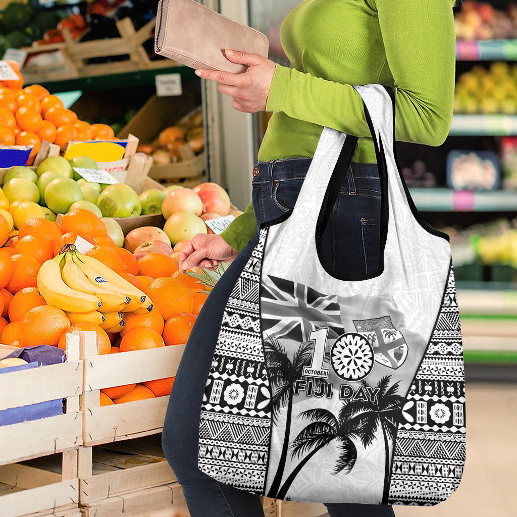 Fiji Day 2026 Grocery Bag Masi Tapa Pattern With Palm Tree White Version LT05 - Polynesian Pride