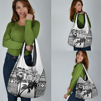 Fiji Day 2026 Grocery Bag Masi Tapa Pattern With Palm Tree White Version LT05 - Polynesian Pride