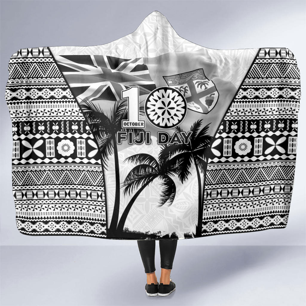 Fiji Day 2026 Hooded Blanket Masi Tapa Pattern With Palm Tree White Version