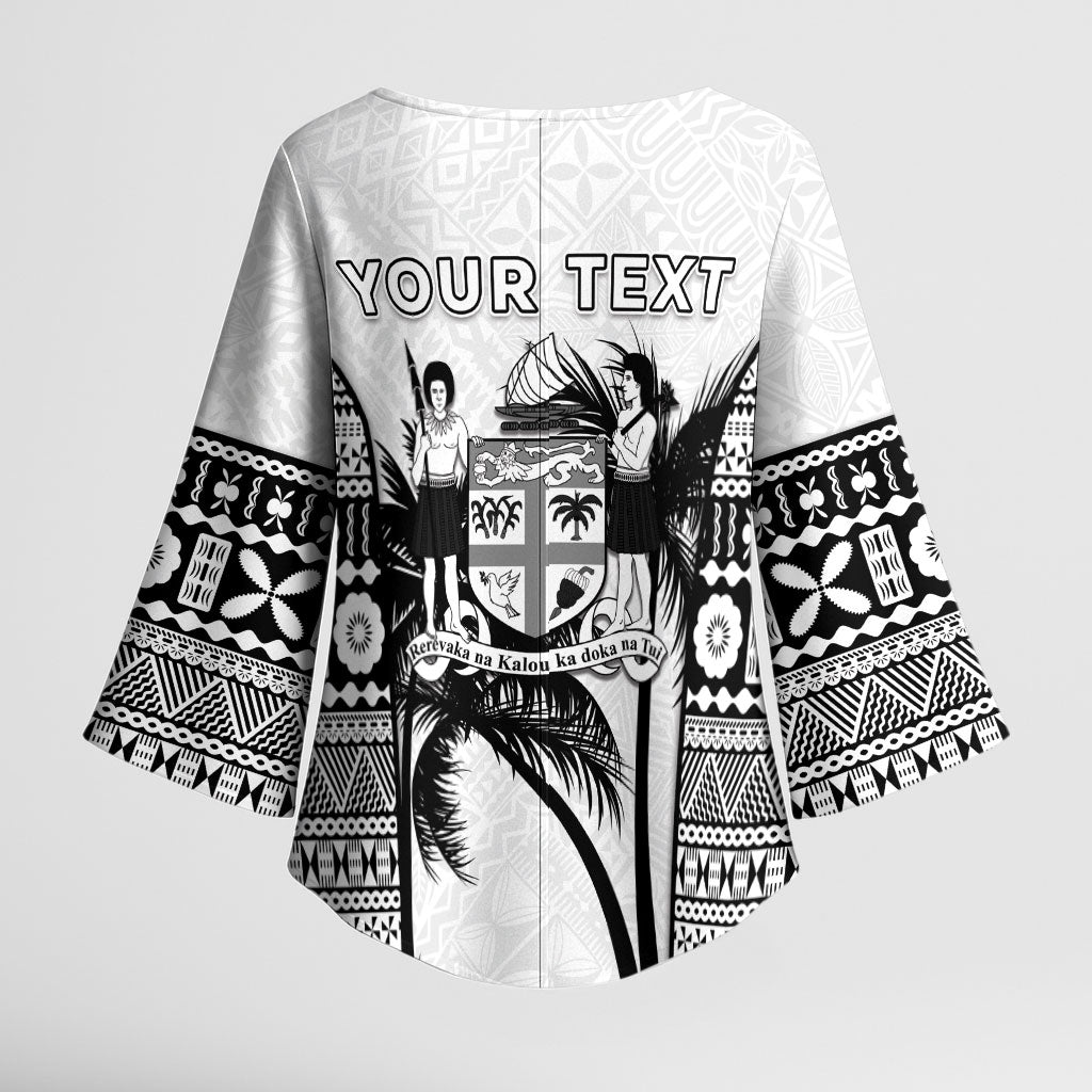Personalised Fiji Day 2026 Kimono Sleeve Blouse Masi Tapa Pattern With Palm Tree White Version LT05 - Polynesian Pride