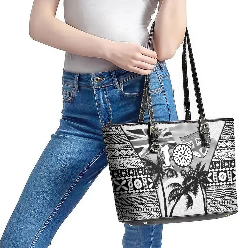 Fiji Day 2026 Leather Tote Bag Masi Tapa Pattern With Palm Tree White Version LT05 - Polynesian Pride