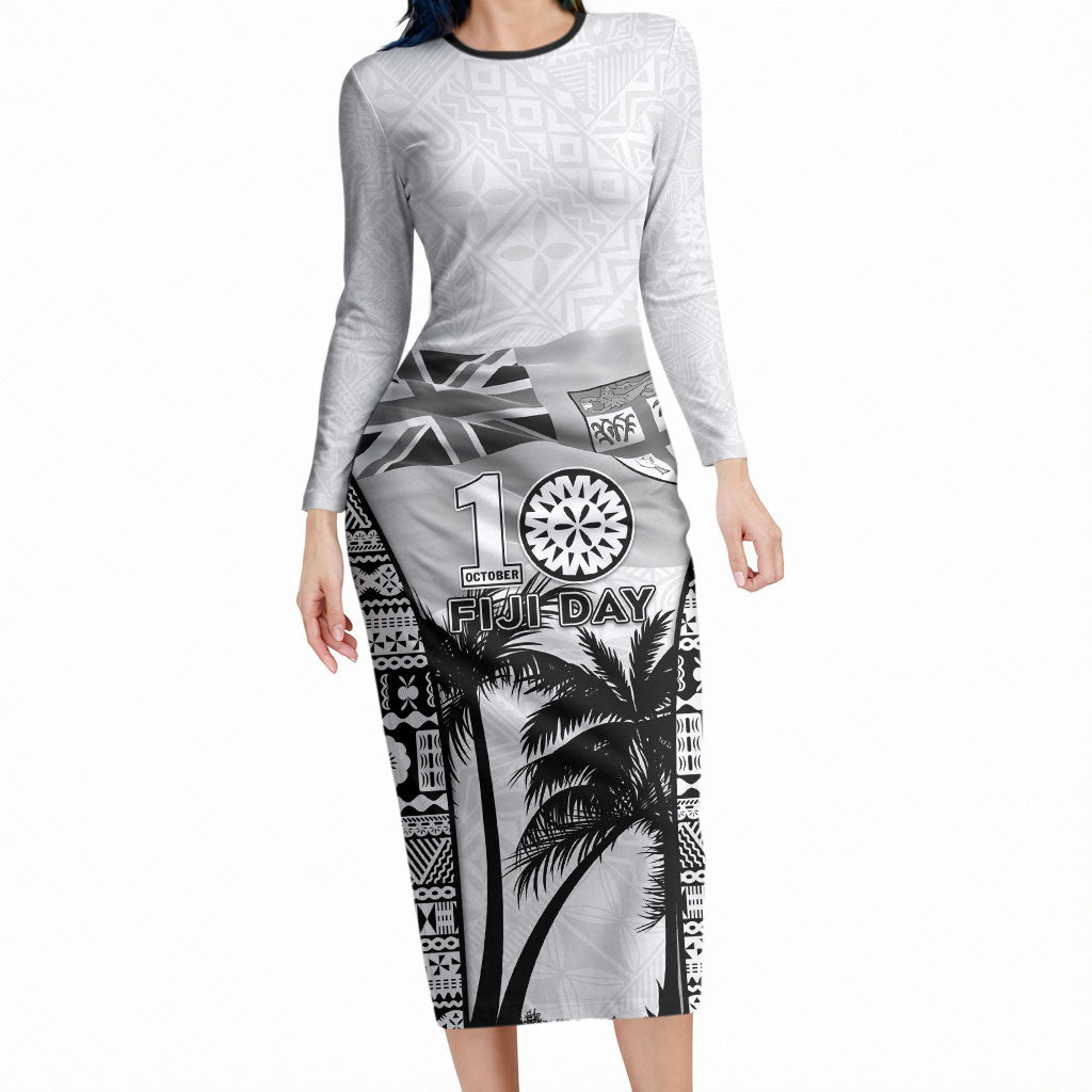 Personalised Fiji Day 2026 Long Sleeve Bodycon Dress Masi Tapa Pattern With Palm Tree White Version