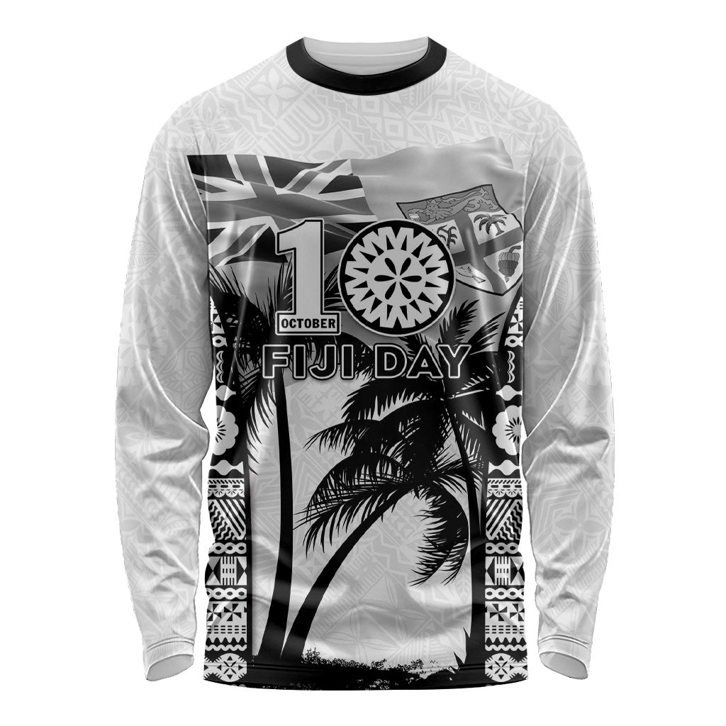 Personalised Fiji Day 2026 Long Sleeve Shirt Masi Tapa Pattern With Palm Tree White Version