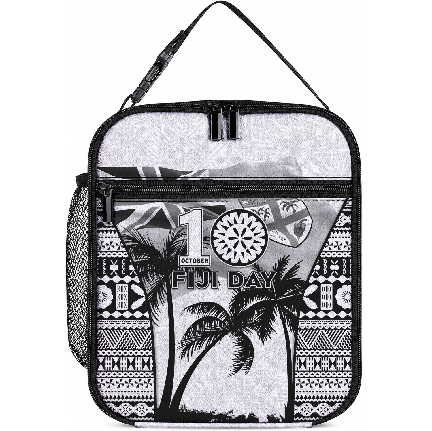 Fiji Day 2026 Lunch Bag Masi Tapa Pattern With Palm Tree White Version