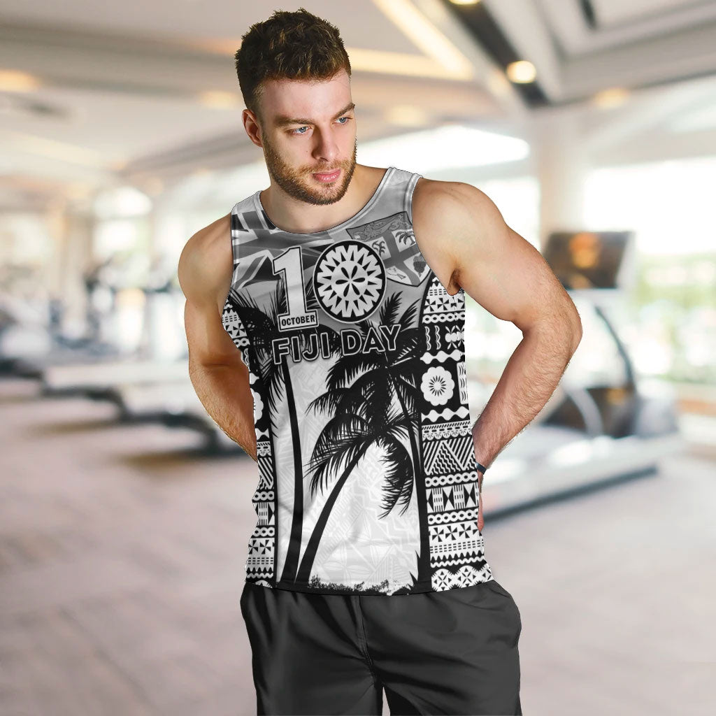 Personalised Fiji Day 2026 Men Tank Top Masi Tapa Pattern With Palm Tree White Version LT05 White - Polynesian Pride