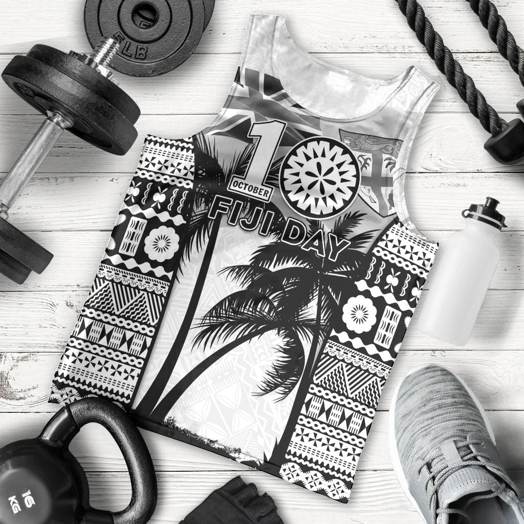 Personalised Fiji Day 2026 Men Tank Top Masi Tapa Pattern With Palm Tree White Version LT05 - Polynesian Pride