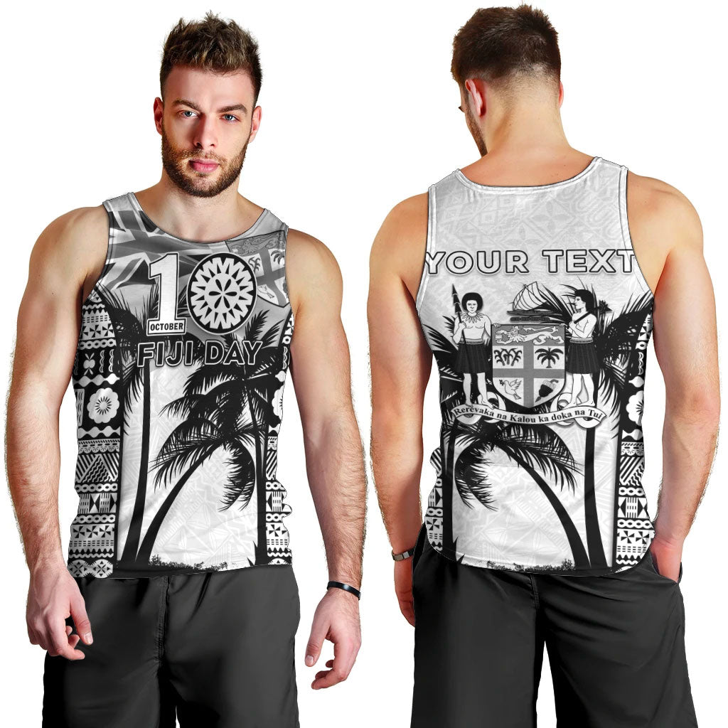 Personalised Fiji Day 2026 Men Tank Top Masi Tapa Pattern With Palm Tree White Version LT05 - Polynesian Pride