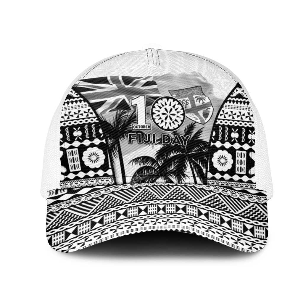 Fiji Day 2026 Mesh Trucker Cap Masi Tapa Pattern With Palm Tree White Version