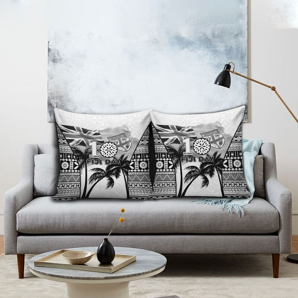 Fiji Day 2026 Pillow Cover Masi Tapa Pattern With Palm Tree White Version LT05 - Polynesian Pride